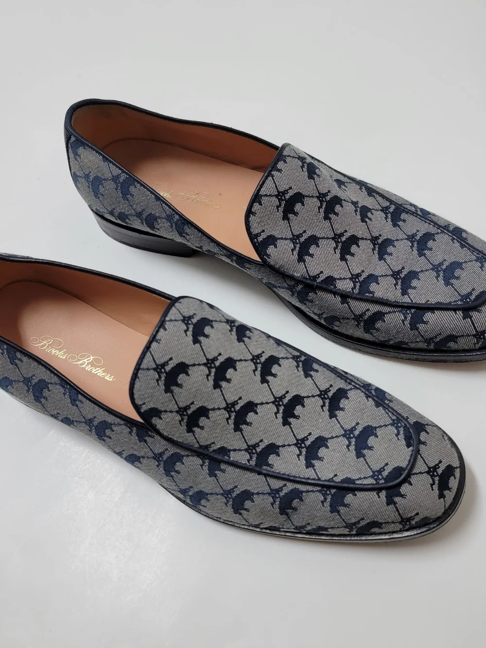 Brooks Brothers Womens Navy Leather Trimmed Logo Jacquard Loafer Dress Shoes 8